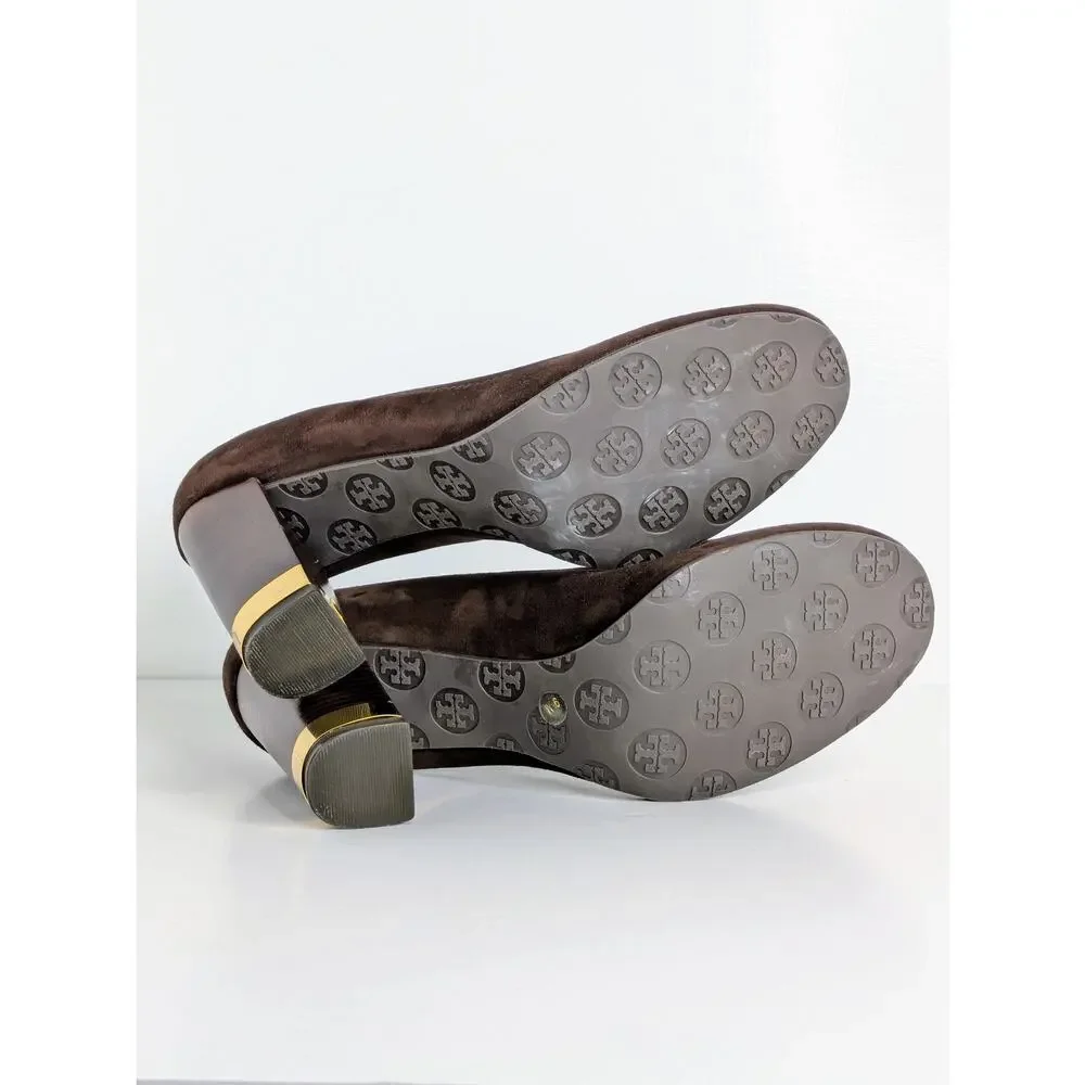 Tory Burch Maddie Pump 9.5 Brown Suede Block Heel Gold Logo Medallion Double T